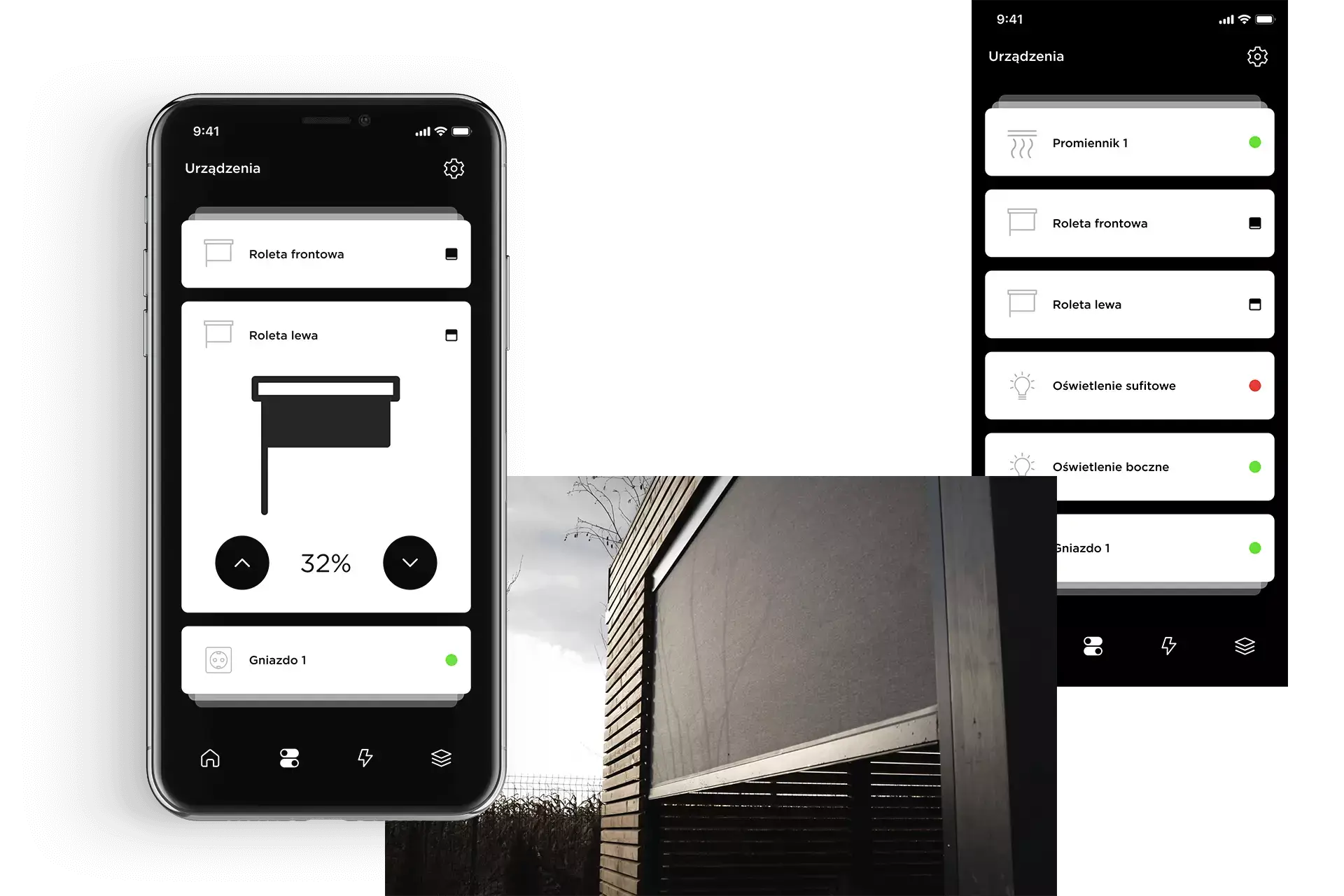 Auf dem Bild sieht man eine Smartphone-App zur Steuerung verschiedener Geräte, wie Rollläden, Beleuchtung und Steckdosen. Im Hintergrund ist eine moderne Pergola mit einer heruntergelassenen Seitenmarkise zu sehen.