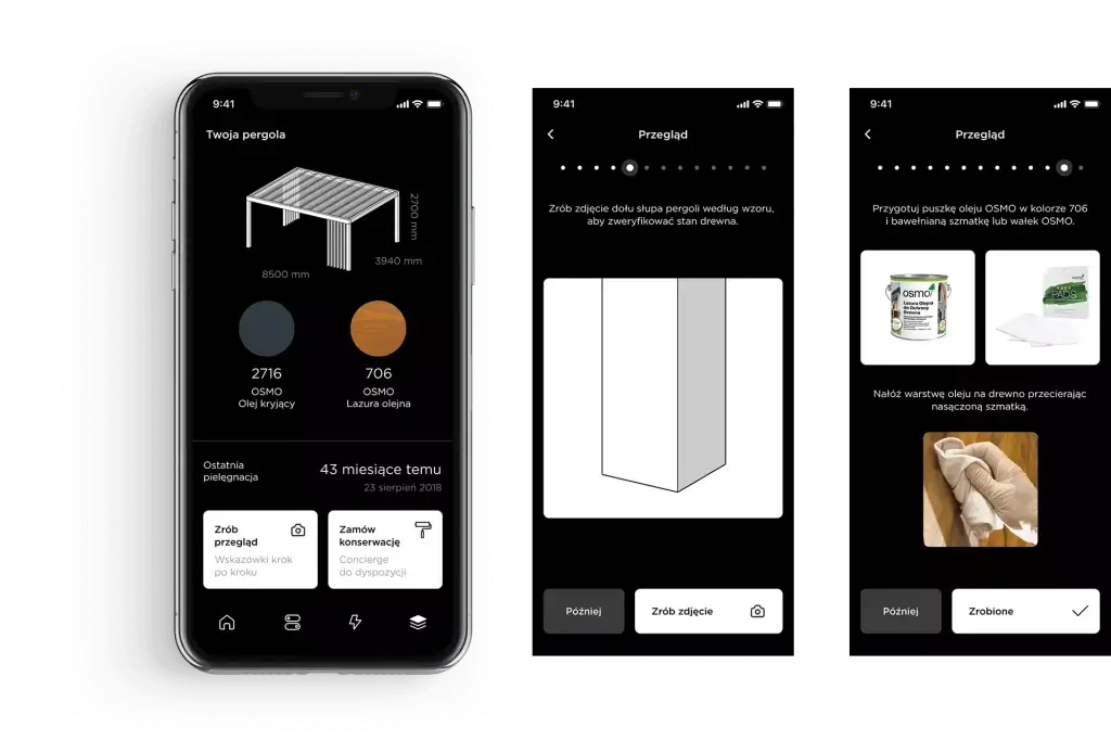 Auf dem Bild sieht man eine Smartphone-App zur Verwaltung und Wartung einer Pergola. Die App zeigt Informationen über die Konstruktion, Farben und Pflege sowie eine Schritt-für-Schritt-Anleitung zur Kontrolle und Pflege des Holzes.