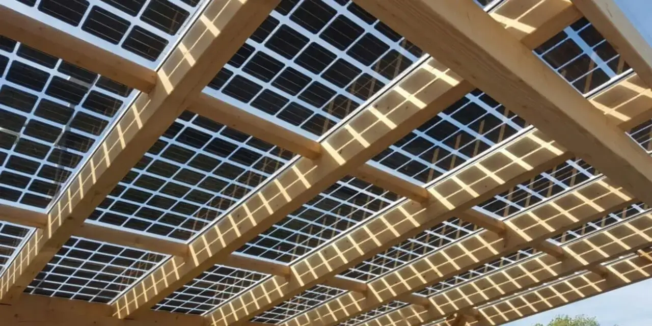 Das Bild zeigt eine Holzkonstruktion einer Pergola mit eingebauten Solarpaneelen im Dach. Die Sonnenstrahlen fallen durch die Struktur und erzeugen ein Muster aus Licht und Schatten.