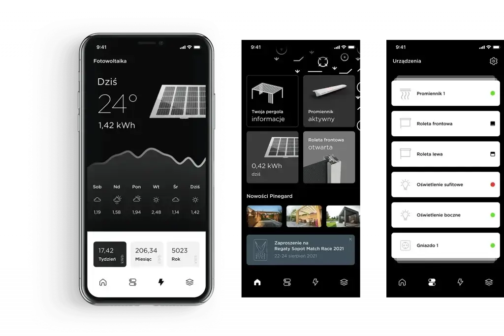 Das Bild zeigt eine mobile App zur Steuerung einer Pergola und ihrer Funktionen. Man kann dort unter anderem Beleuchtung, Rollläden und Energieproduktion überwachen