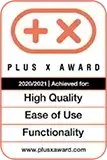 Das Bild zeigt ein PLUS X AWARD-Siegel für hohe Qualität, einfache Bedienung und Funktionalität. Es bedeutet, dass ein Produkt für seine Qualität und Innovation ausgezeichnet wurde.